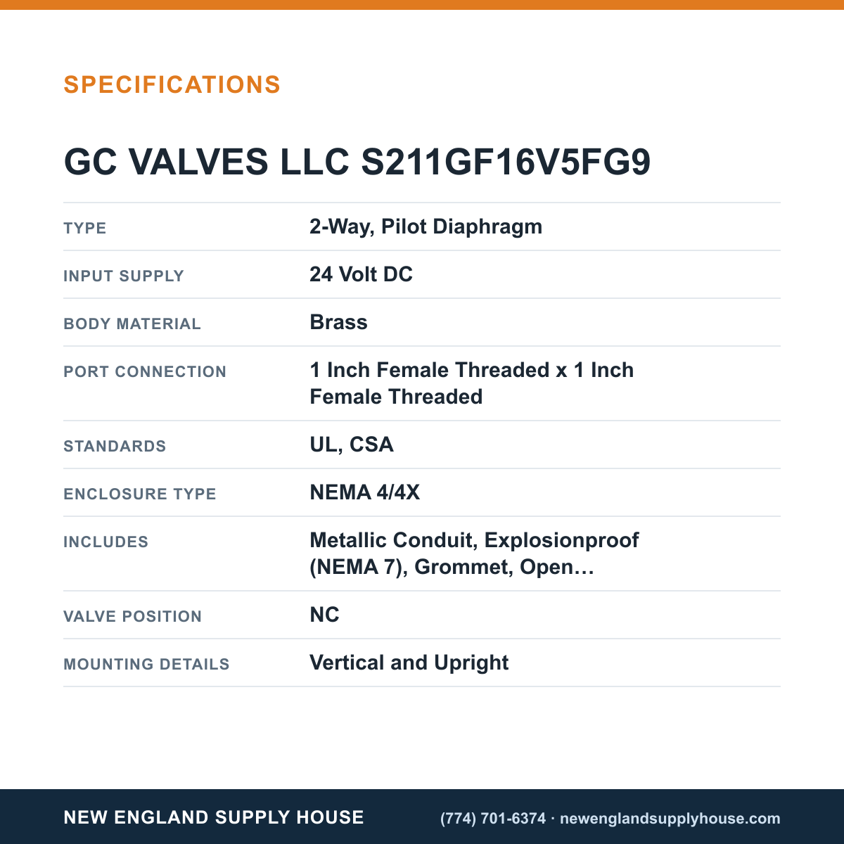 GC Valves S211GF16V5FG9 Solenoid Valve specifications — New England Supply House [NESH-SPECTABLE-V1]