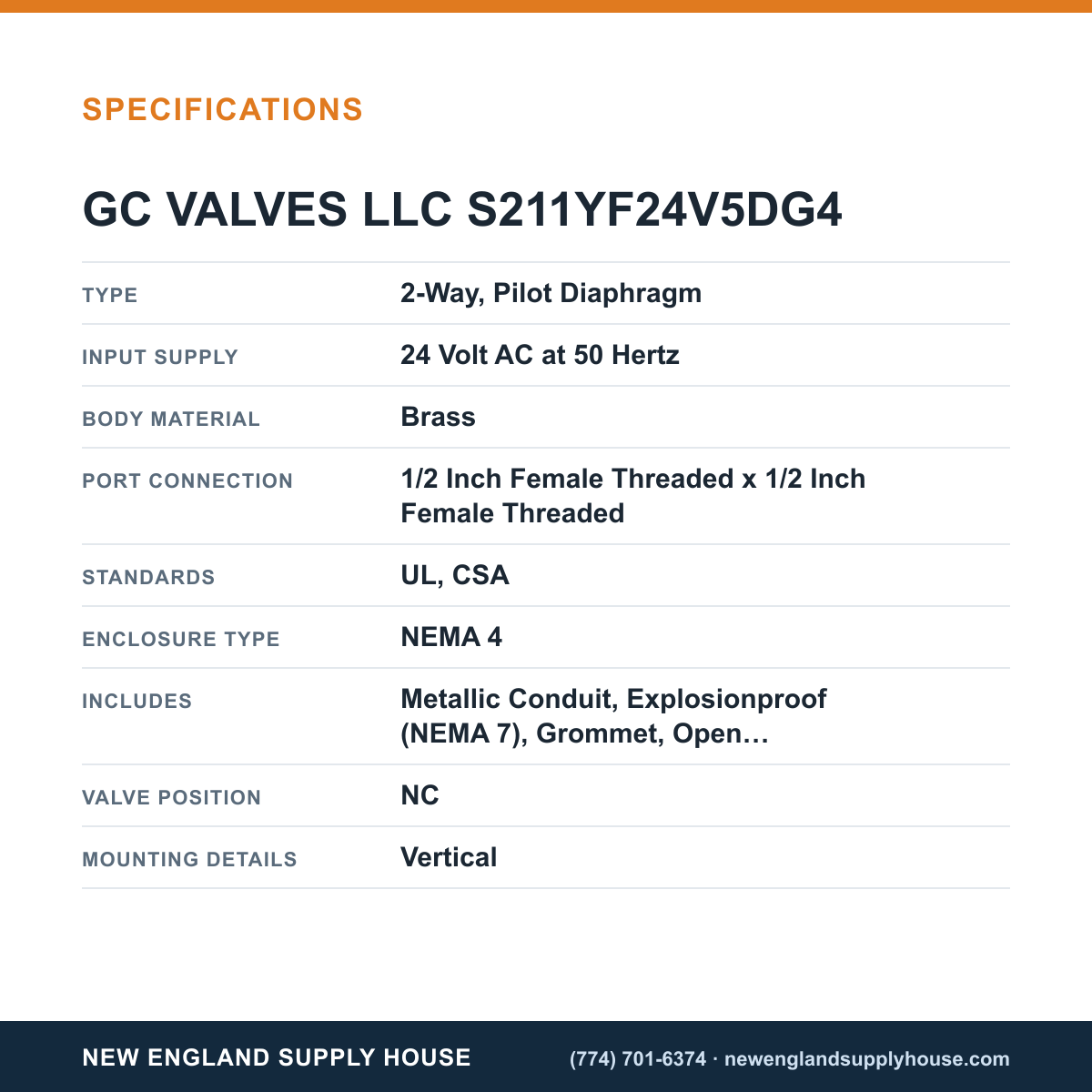 GC Valves S211YF24V5DG4 Solenoid Valve specifications — New England Supply House [NESH-SPECTABLE-V1]