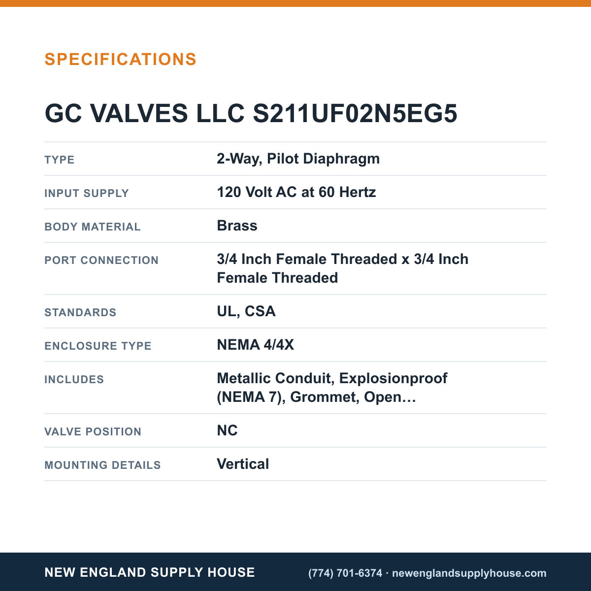 GC Valves S211UF02N5EG5 Solenoid Valve specifications — New England Supply House [NESH-SPECTABLE-V1]