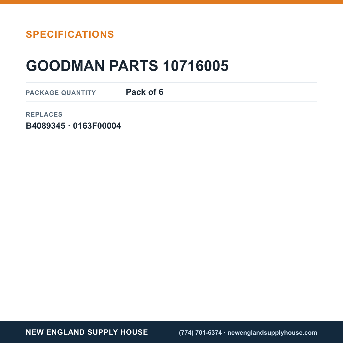 Goodman 10716005 Gas Orifice specifications — New England Supply House [NESH-SPECTABLE-V1]