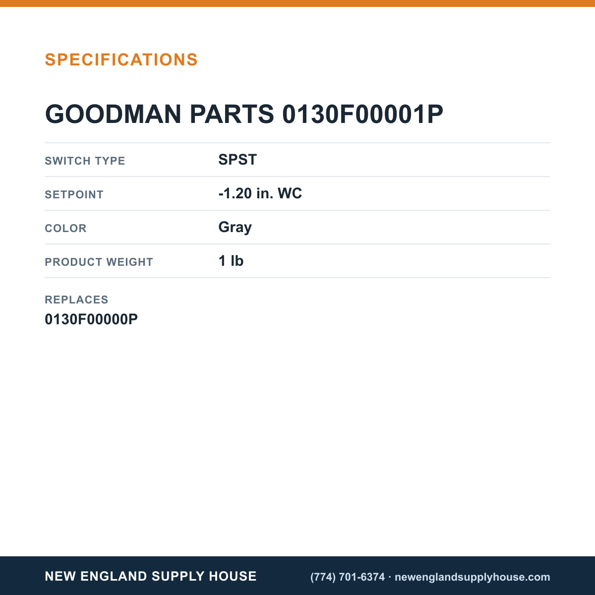 Goodman 0130F00001P Pressure Switch specifications — New England Supply House [NESH-SPECTABLE-V1]