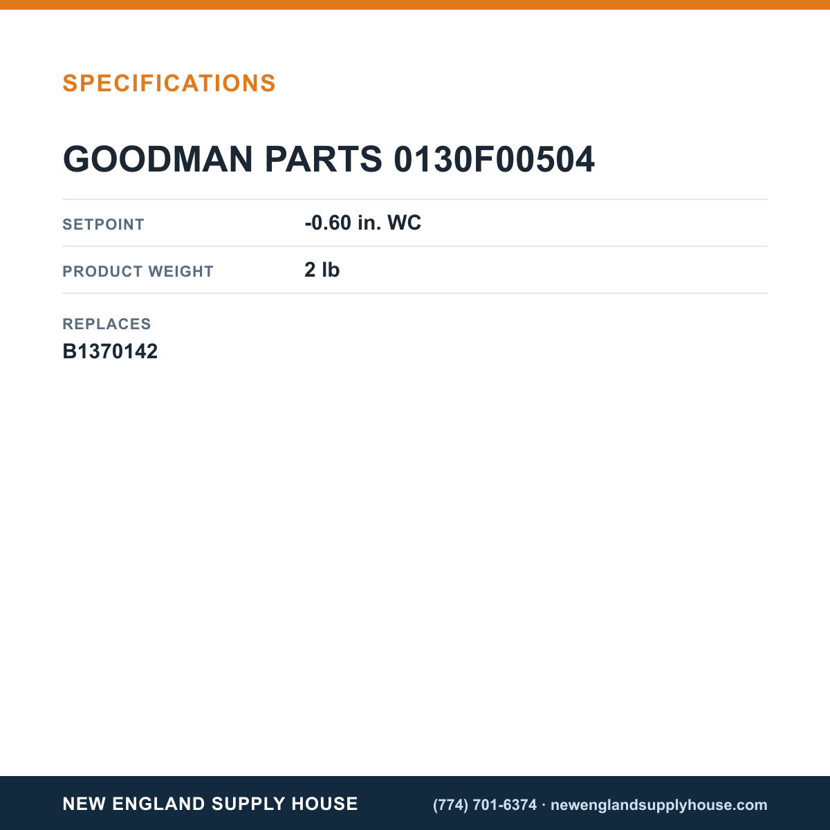 Goodman 0130F00504 Air Pressure Switch specifications — New England Supply House [NESH-SPECTABLE-V1]