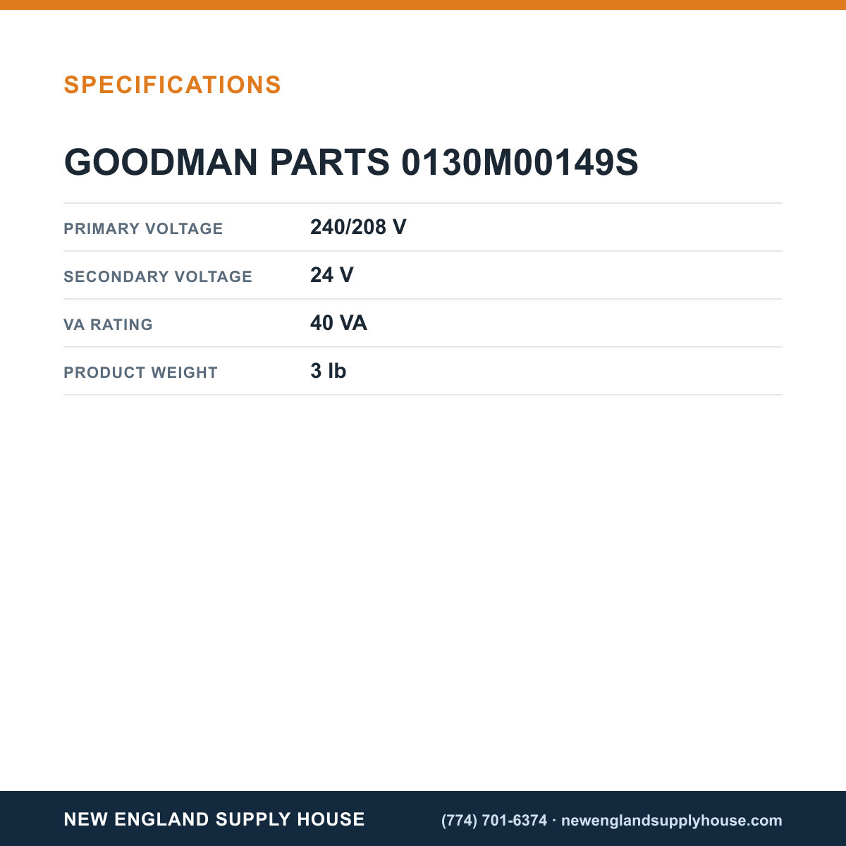 Goodman 0130M00149S Transformer specifications — New England Supply House [NESH-SPECTABLE-V1]
