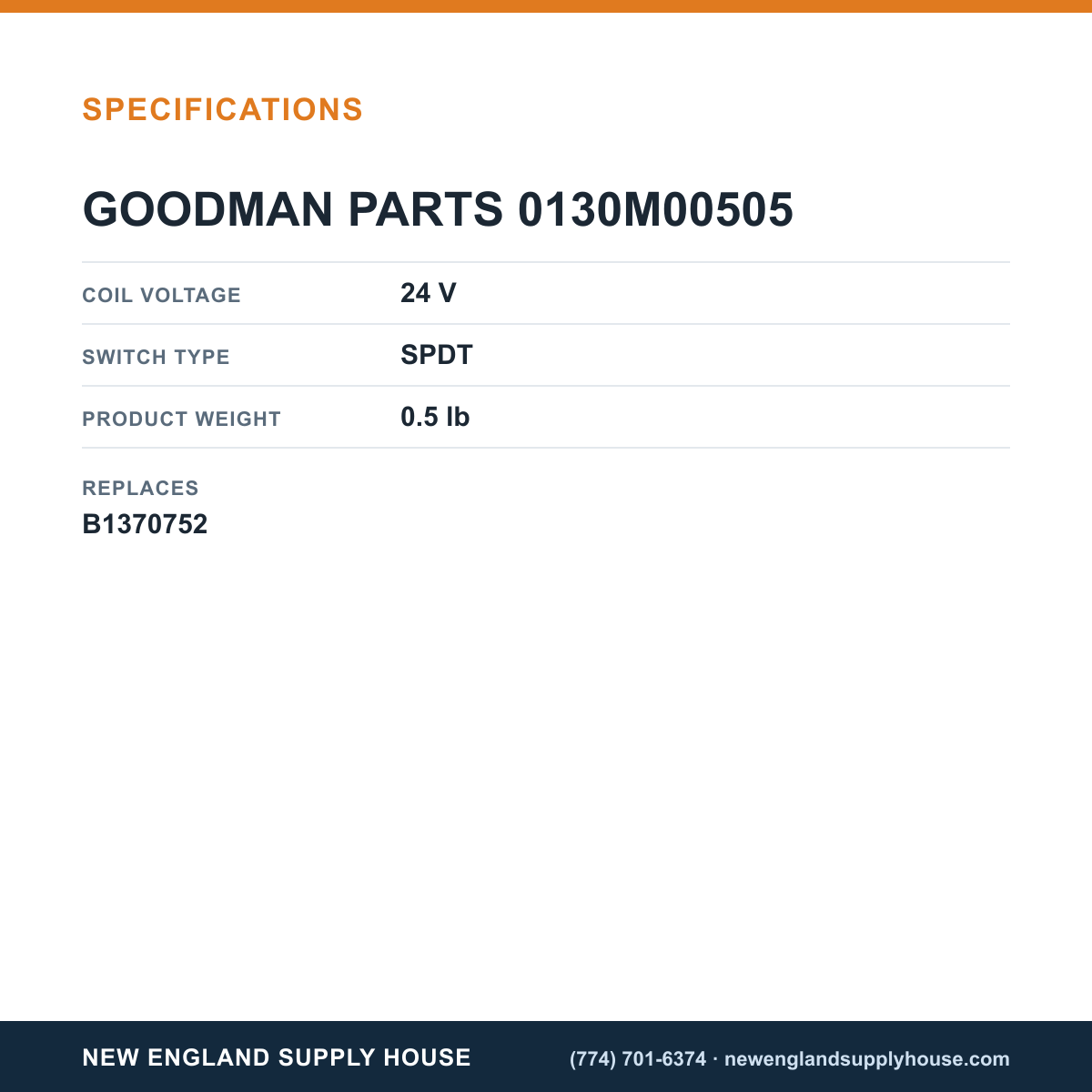 Goodman 0130M00505 Delay Relay specifications — New England Supply House [NESH-SPECTABLE-V1]