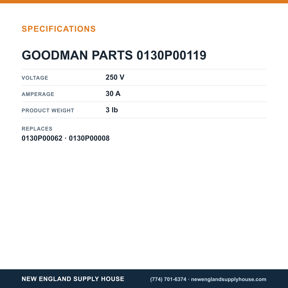 Goodman 0130P00119 Power Cord specifications — New England Supply House [NESH-SPECTABLE-V1]