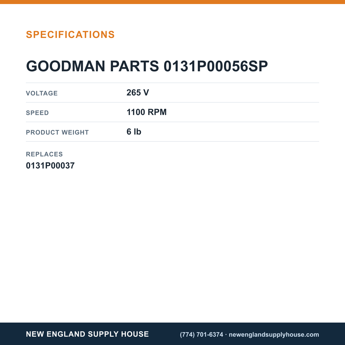 Goodman 0131P00056SP Indoor Blower Motor specifications — New England Supply House [NESH-SPECTABLE-V1]