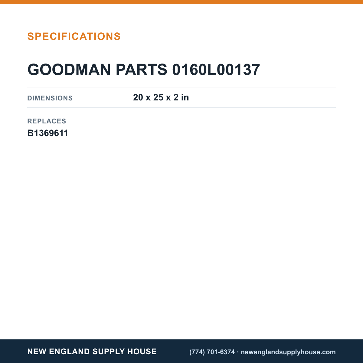 Goodman 0160L00137 Air Filter specifications — New England Supply House [NESH-SPECTABLE-V1]