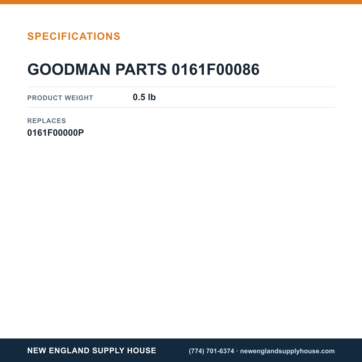 Goodman 0161F00086 Nameplate specifications — New England Supply House [NESH-SPECTABLE-V1]