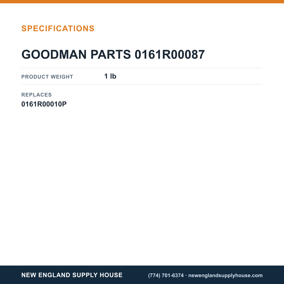 Goodman 0161R00087 Nameplate specifications — New England Supply House [NESH-SPECTABLE-V1]