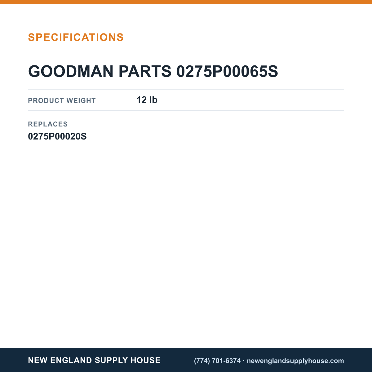 Goodman 0275P00065S Heater Assembly specifications — New England Supply House [NESH-SPECTABLE-V1]
