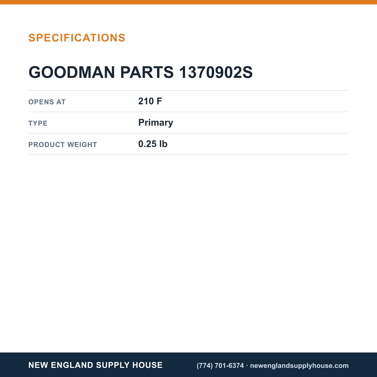 Goodman 1370902S Primary Limit Switch specifications — New England Supply House [NESH-SPECTABLE-V1]
