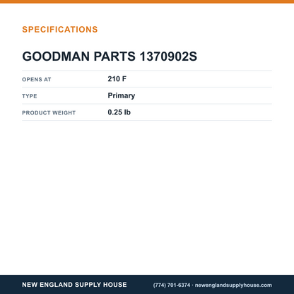 Goodman 1370902S Primary Limit Switch specifications — New England Supply House [NESH-SPECTABLE-V1]