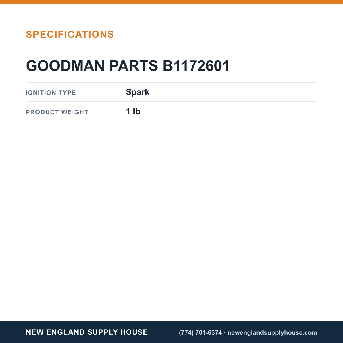 Goodman B1172601 Spark Ignition Sensor specifications — New England Supply House [NESH-SPECTABLE-V1]
