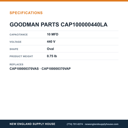 Goodman CAP100000440LA Capacitor specifications — New England Supply House [NESH-SPECTABLE-V1]