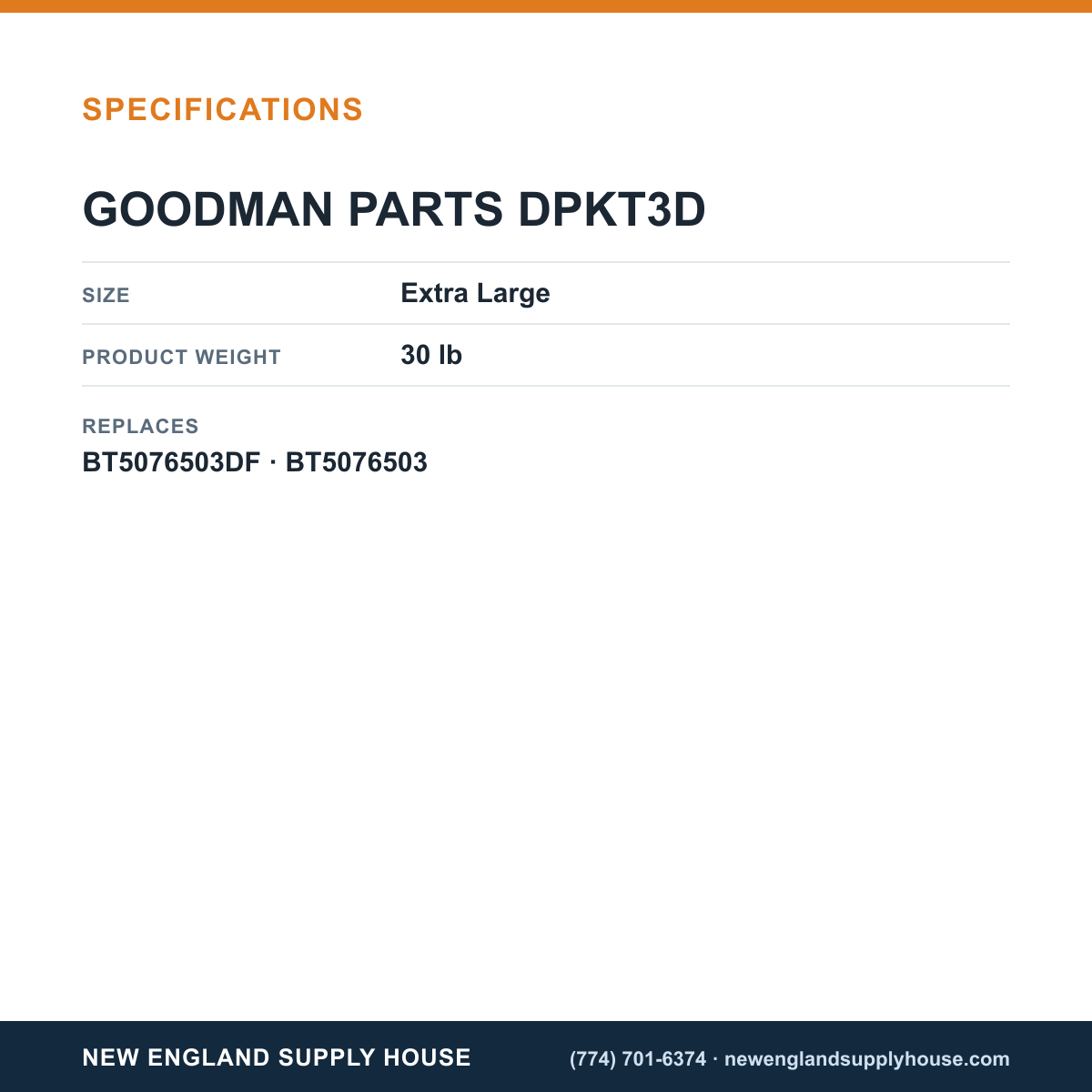 Goodman DPKT3D Drain Pan specifications — New England Supply House [NESH-SPECTABLE-V1]