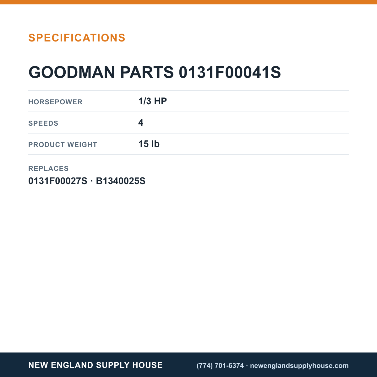 Goodman 0131F00041S Blower Motor specifications — New England Supply House [NESH-SPECTABLE-V1]
