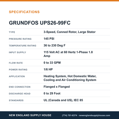 Grundfos Pumps UPS26-99FC Circulator Pump specifications — New England Supply House [NESH-SPECTABLE-V1]