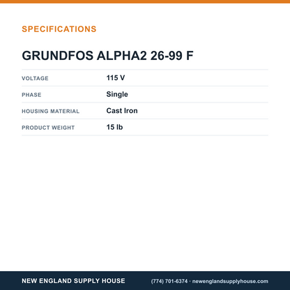 Grundfos Pumps ALPHA2 26-99 F Circulator specifications — New England Supply House [NESH-SPECTABLE-V1]