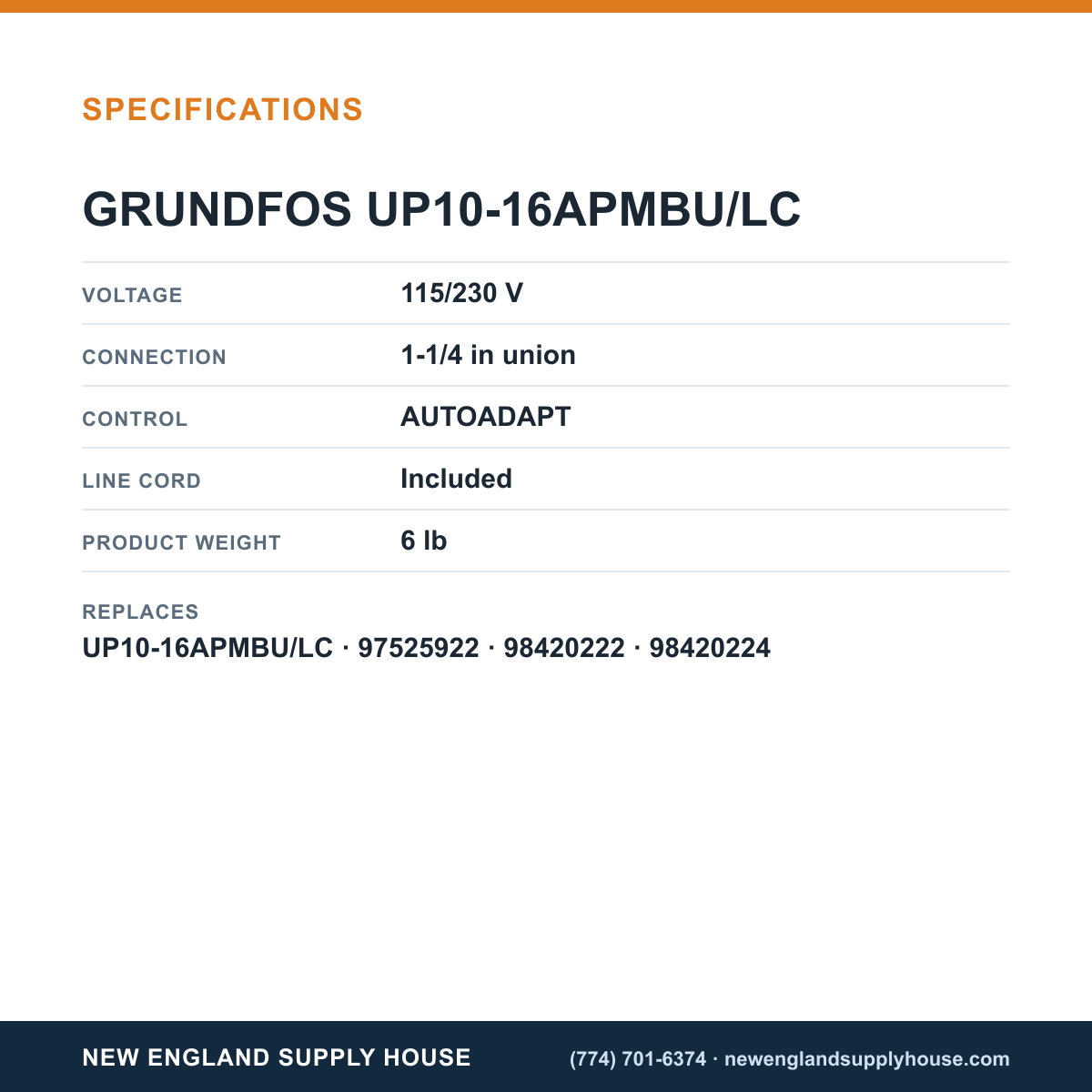 Grundfos UP10-16TDTBU/LC Circulator Pump specifications — New England Supply House [NESH-SPECTABLE-V1]