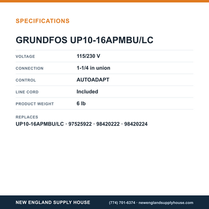 Grundfos UP10-16TDTBU/LC Circulator Pump specifications — New England Supply House [NESH-SPECTABLE-V1]