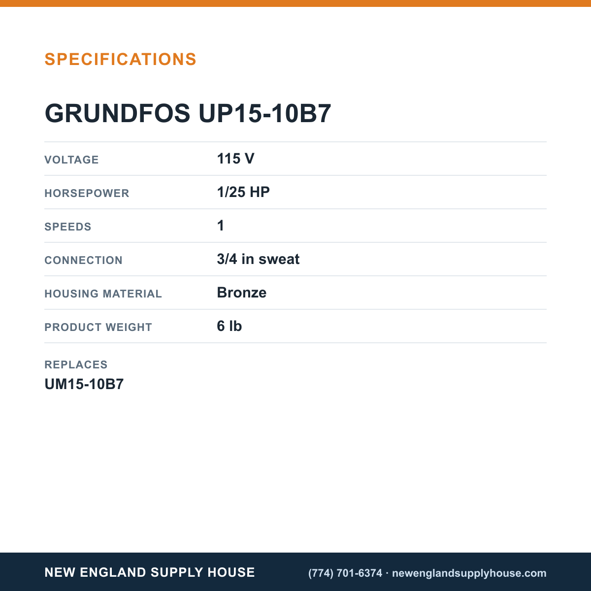 Grundfos Pumps UP15-10B7 Circulator specifications — New England Supply House [NESH-SPECTABLE-V1]
