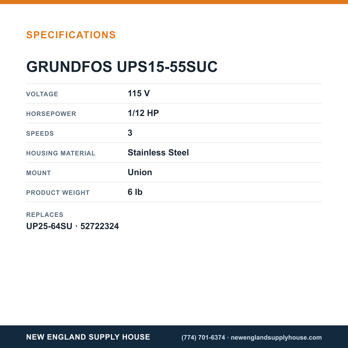 Grundfos Pumps UPS15-55SUC Circulator specifications — New England Supply House [NESH-SPECTABLE-V1]