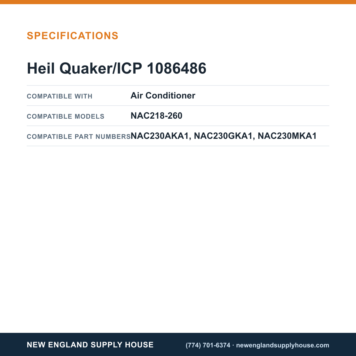 Heil Quaker/ICP 1086486 Air Conditioner Condenser Fan Motor specifications — New England Supply House [NESH-SPECTABLE-V1]