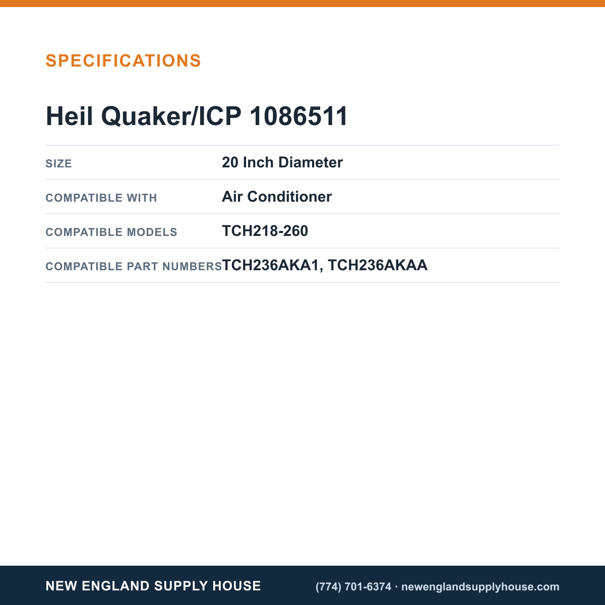 Heil Quaker/ICP 1086511 Air Conditioner Fan Blade specifications — New England Supply House [NESH-SPECTABLE-V1]