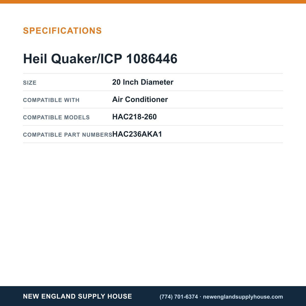 Heil Quaker/ICP 1086446 Air Conditioner Fan Blade specifications — New England Supply House [NESH-SPECTABLE-V1]