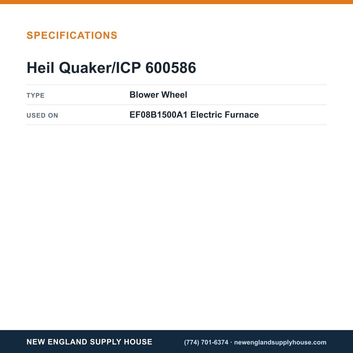 Heil Quaker/ICP 600586 Electric Furnace Blower Wheel specifications — New England Supply House [NESH-SPECTABLE-V1]
