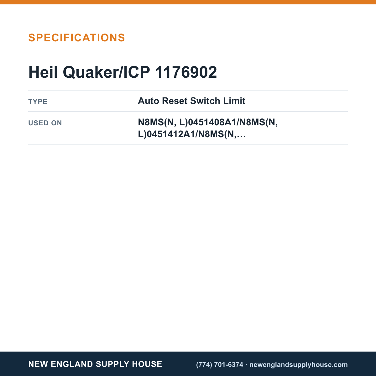 Heil Quaker/ICP 1176902 Gas Furnace Limit Switch specifications — New England Supply House [NESH-SPECTABLE-V1]