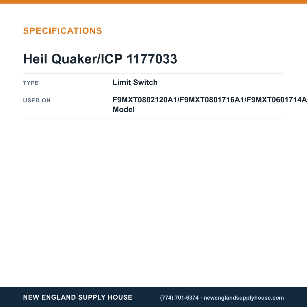 Heil Quaker/ICP 1177033 Gas Furnace Limit Switch specifications — New England Supply House [NESH-SPECTABLE-V1]
