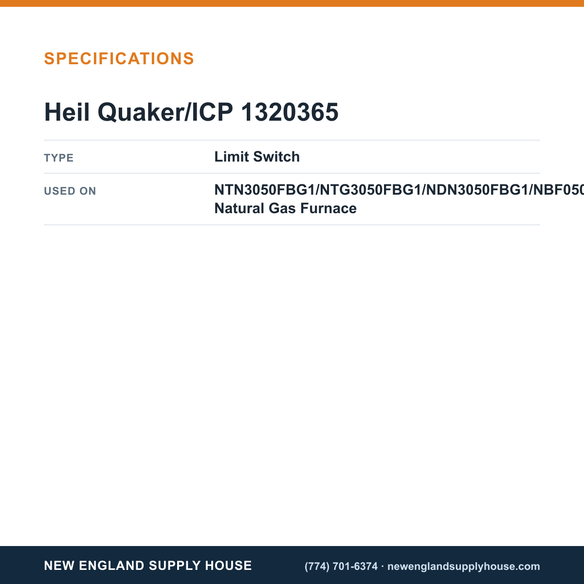 Heil Quaker/ICP 1320365 Gas Furnace Limit Switch specifications — New England Supply House [NESH-SPECTABLE-V1]