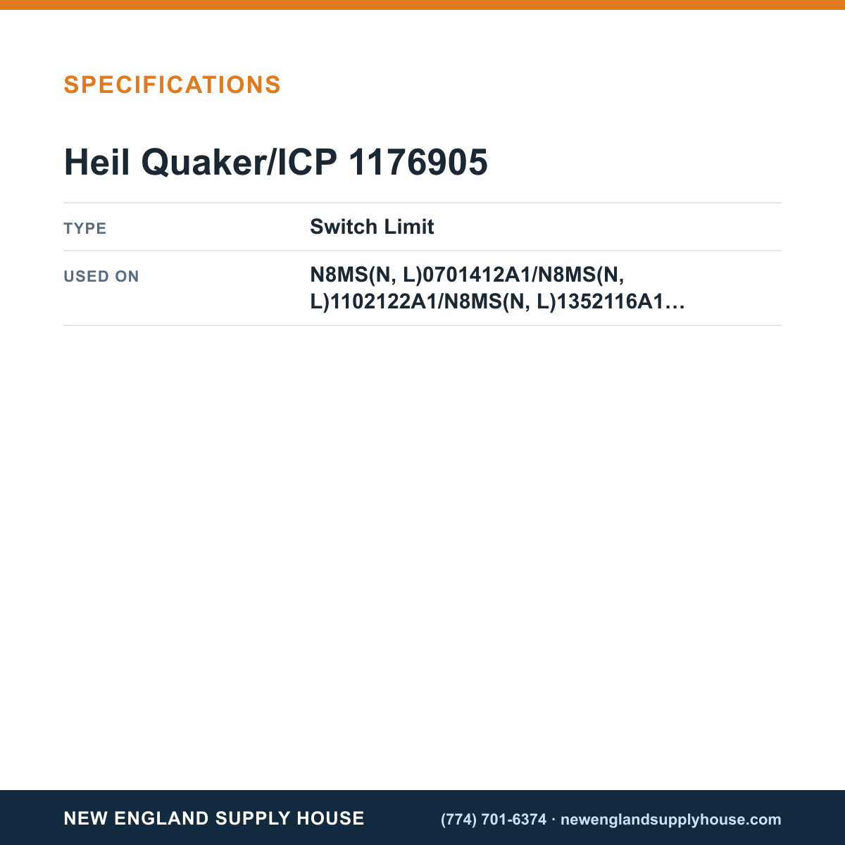 Heil Quaker/ICP 1176905 Gas Furnace Limit Switch specifications — New England Supply House [NESH-SPECTABLE-V1]