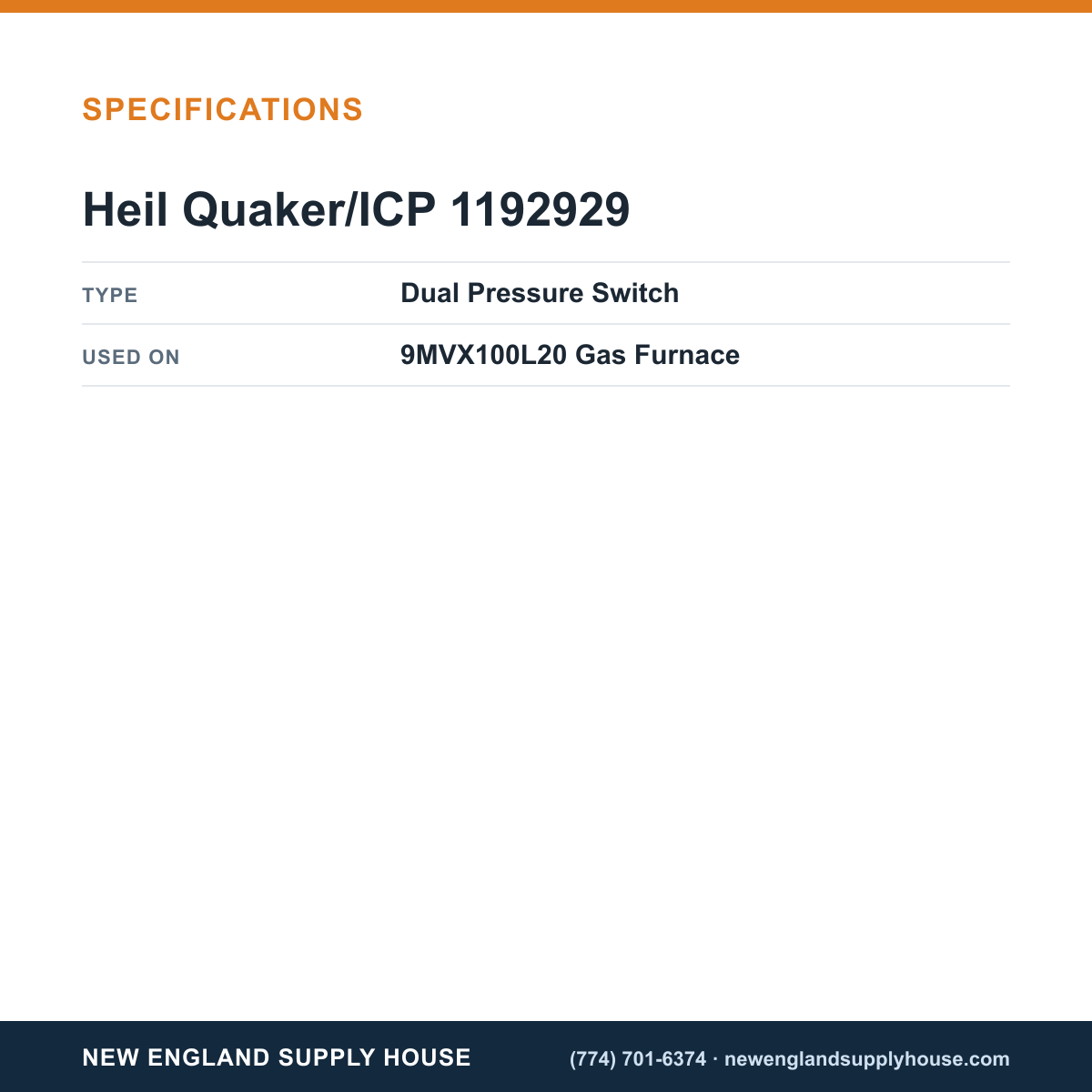 Heil Quaker/ICP 1192929 Gas Furnace Pressure Switch specifications — New England Supply House [NESH-SPECTABLE-V1]