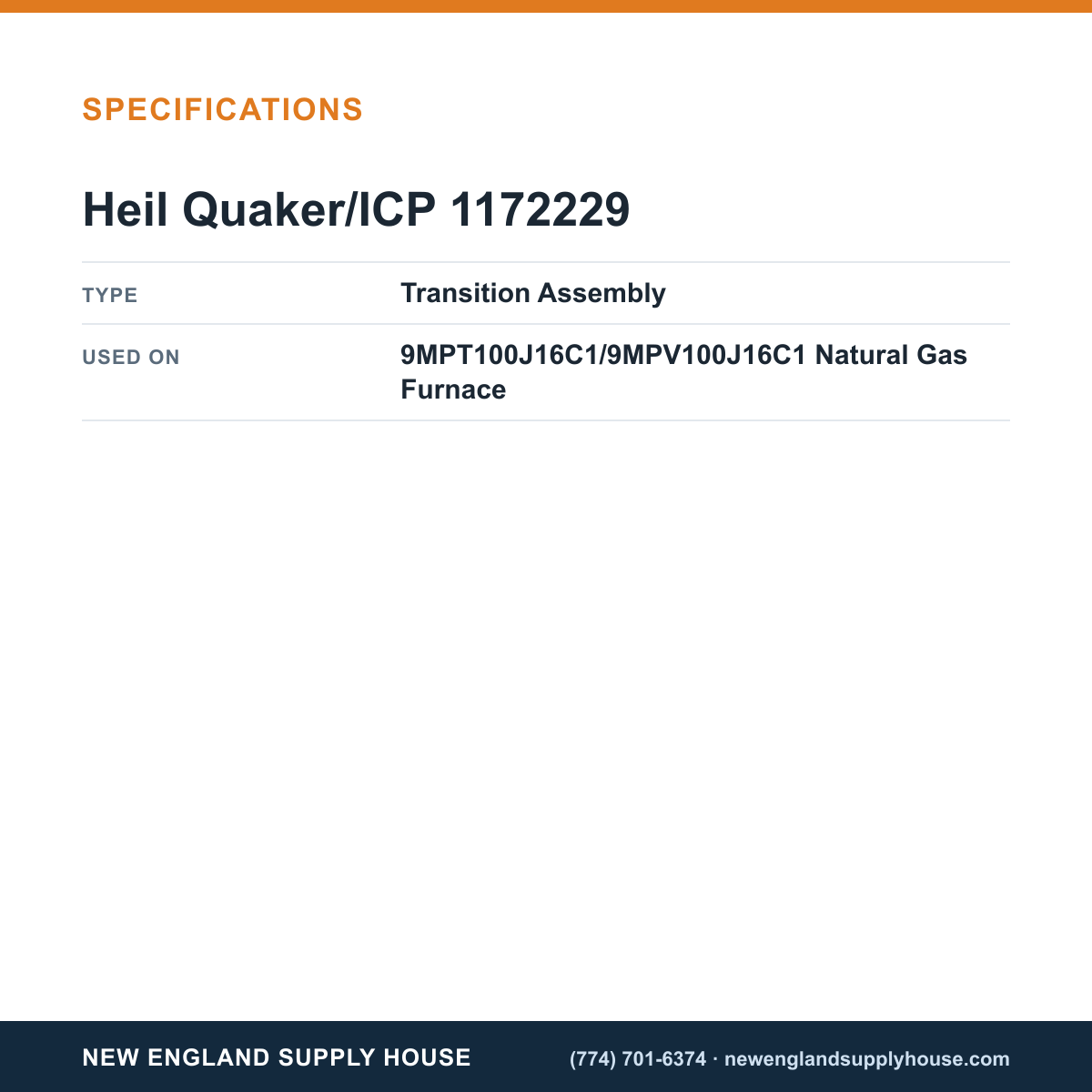 Heil Quaker/ICP 1172229 Gas Furnace Transition Assembly specifications — New England Supply House [NESH-SPECTABLE-V1]