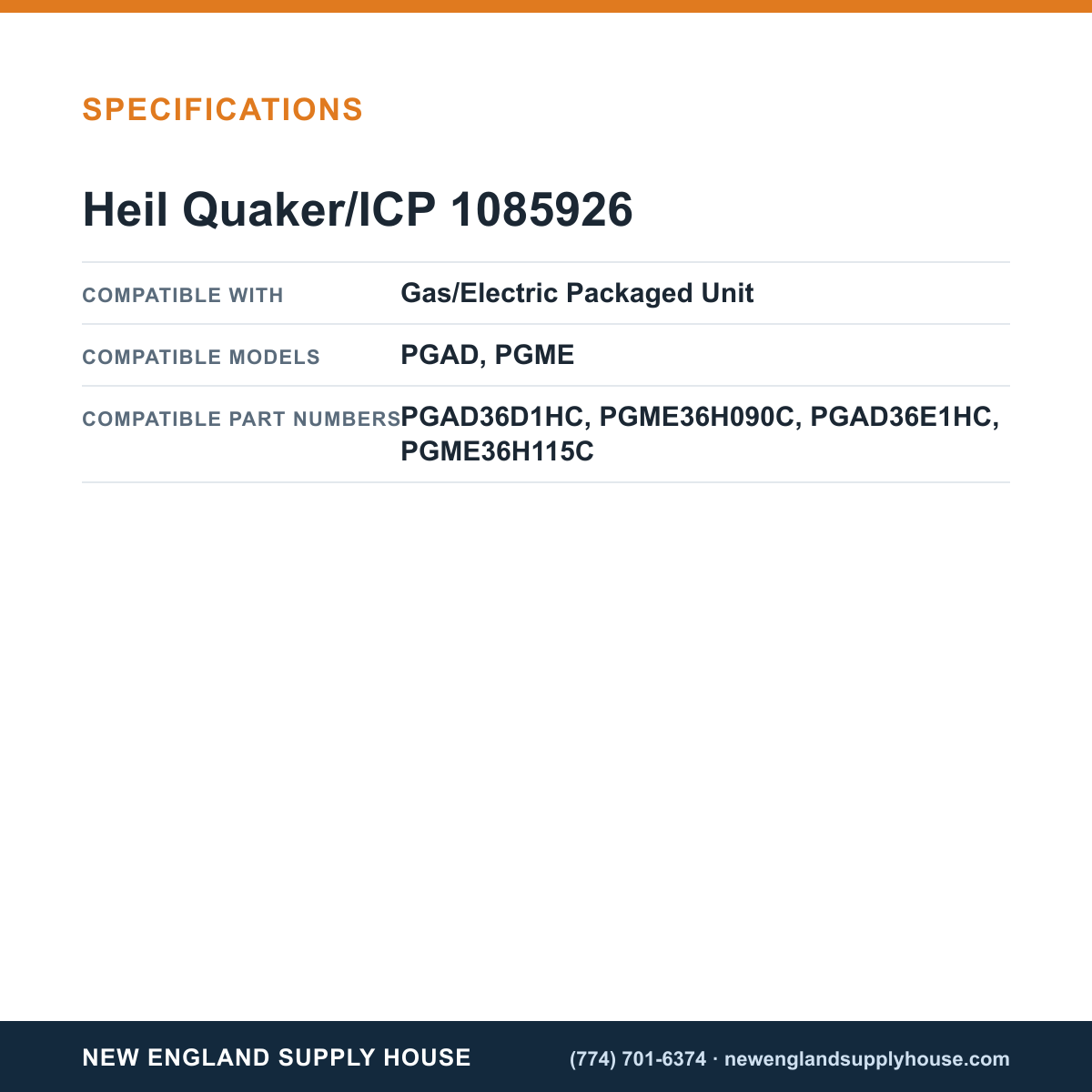 Heil Quaker/ICP 1085926 Gas/Electric Unit Condenser Fan Motor specifications — New England Supply House [NESH-SPECTABLE-V1]