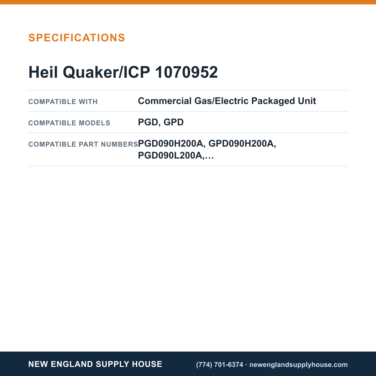 Heil Quaker/ICP 1070952 Gas/Electric Unit Flame Sensor specifications — New England Supply House [NESH-SPECTABLE-V1]