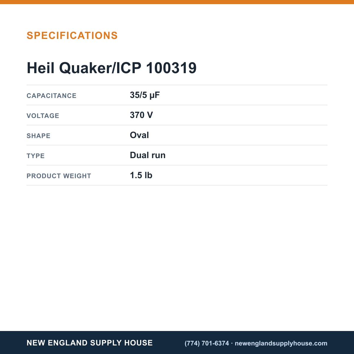 Heil Quaker/ICP 100319 Capacitor specifications — New England Supply House [NESH-SPECTABLE-V1]