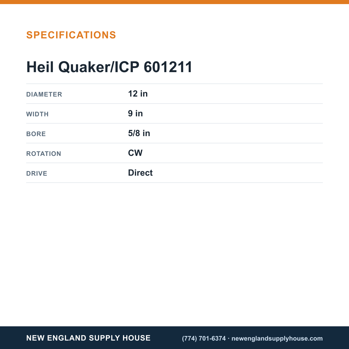 Heil Quaker/ICP 601211 Blower Wheel specifications — New England Supply House [NESH-SPECTABLE-V1]