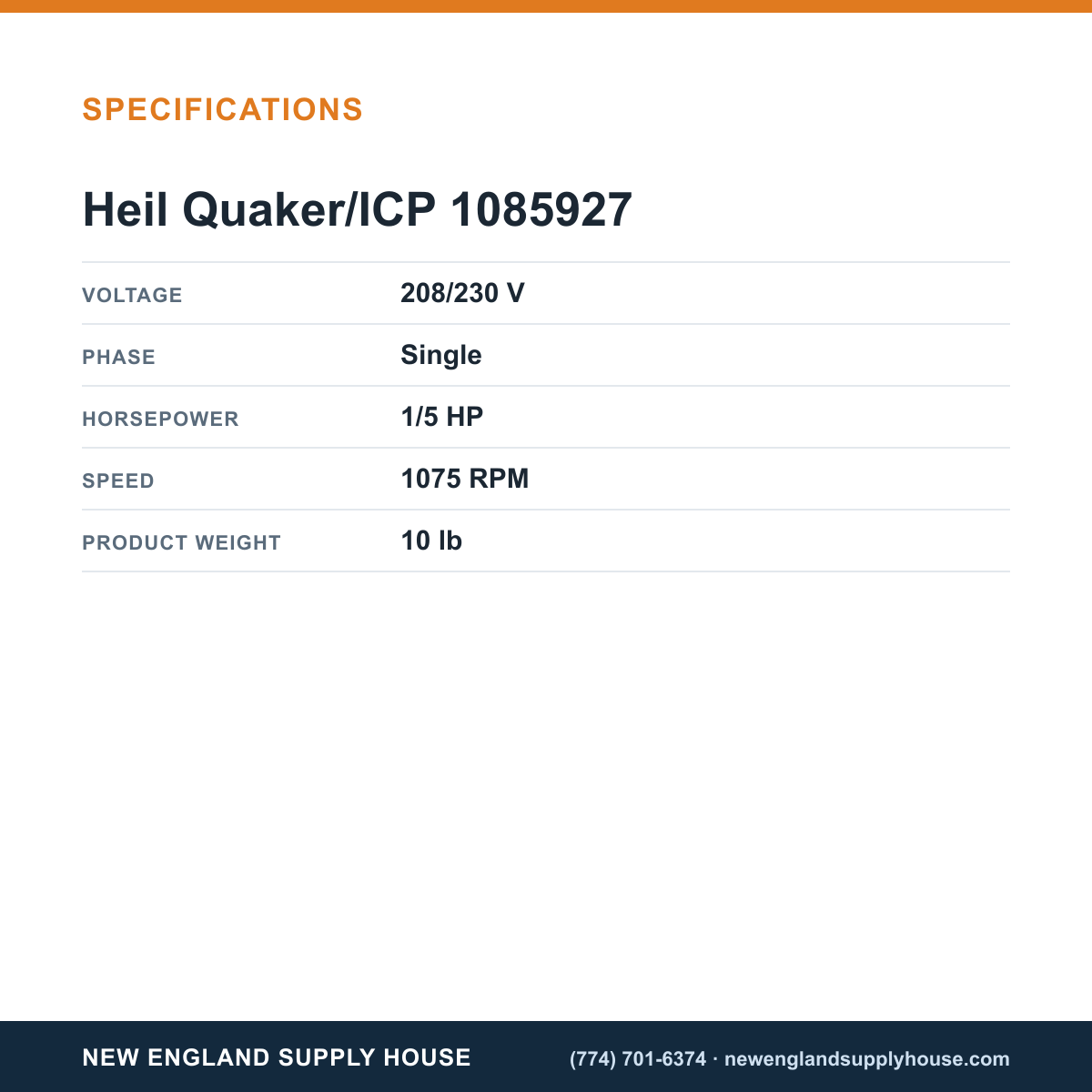 Heil Quaker/ICP 1085927 Condenser Motor specifications — New England Supply House [NESH-SPECTABLE-V1]