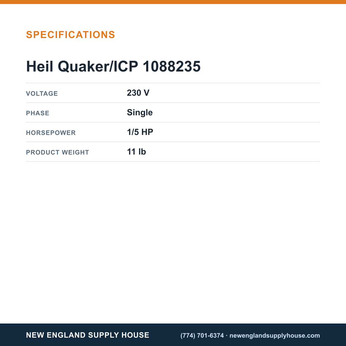 Heil Quaker/ICP 1088235 Condenser Motor specifications — New England Supply House [NESH-SPECTABLE-V1]