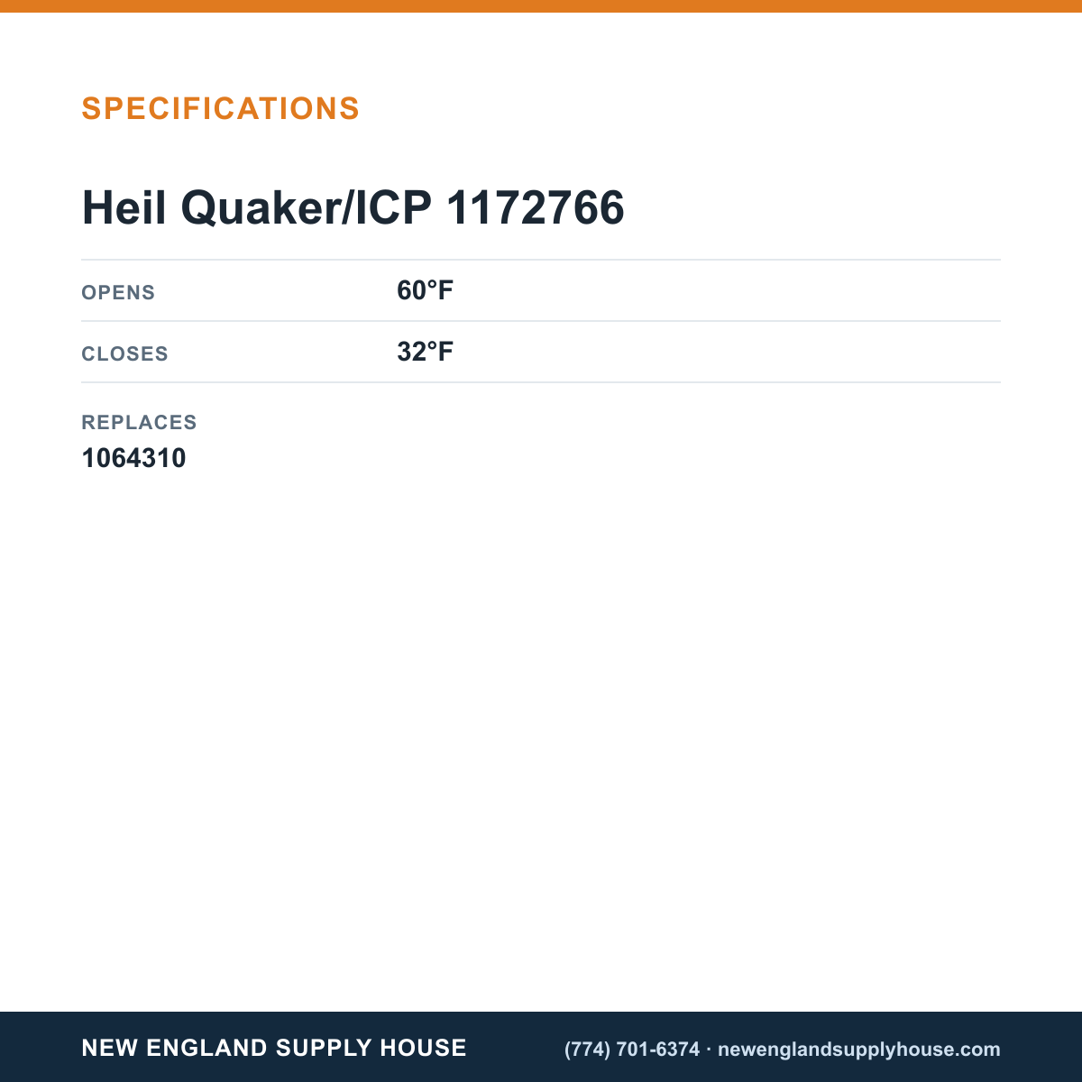 Heil Quaker/ICP 1172766 Defrost Sensor specifications — New England Supply House [NESH-SPECTABLE-V1]