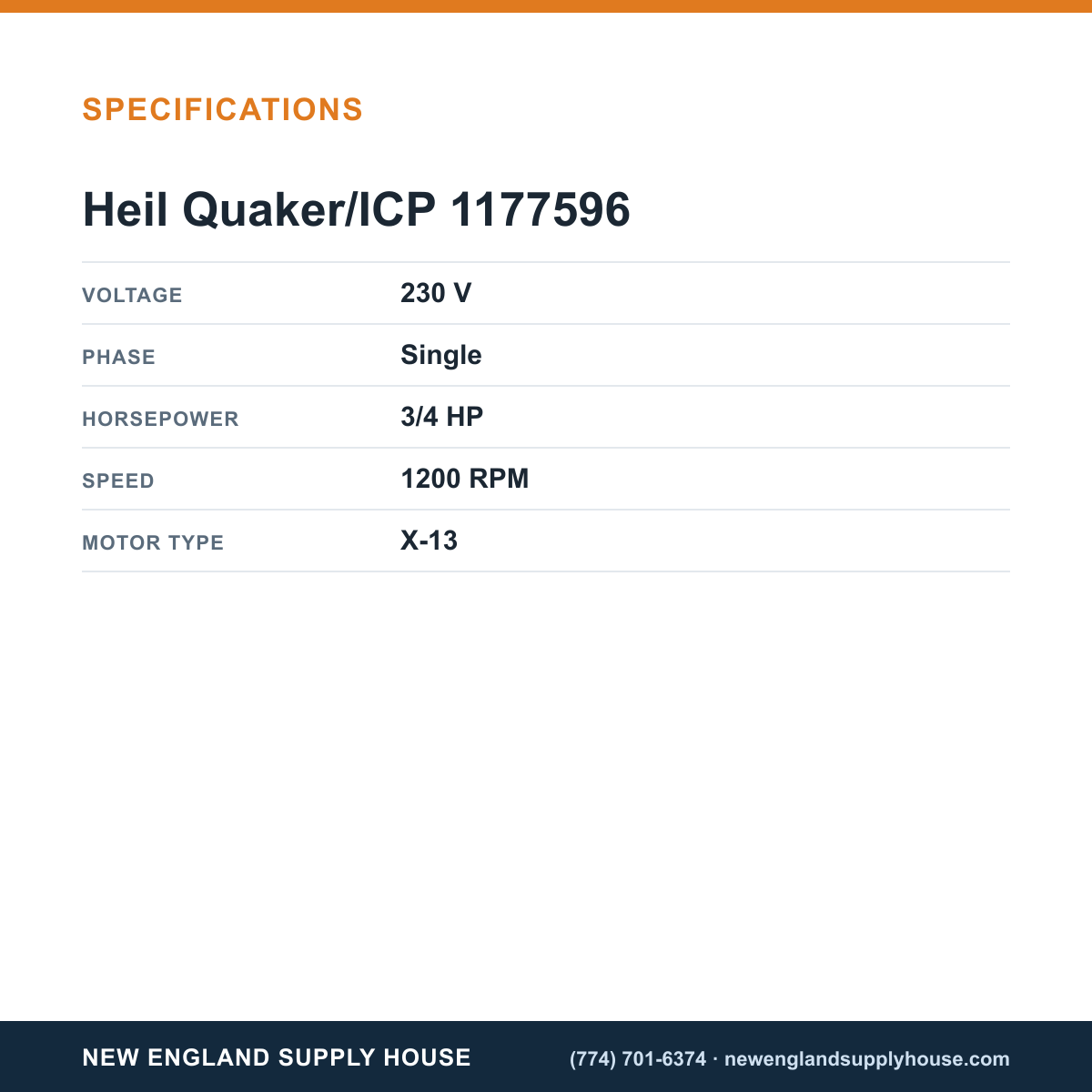 Heil Quaker/ICP 1177596 Blower Motor specifications — New England Supply House [NESH-SPECTABLE-V1]
