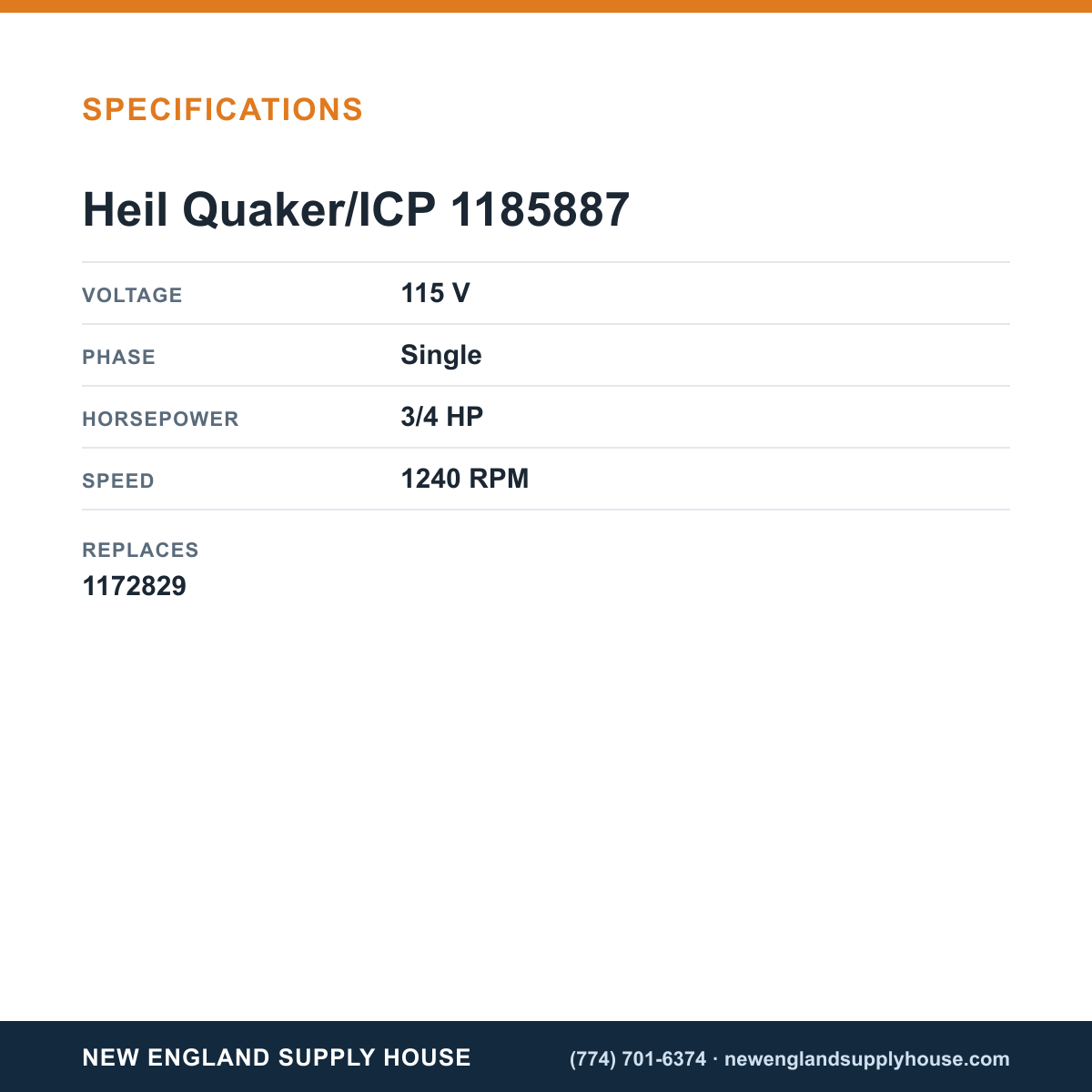 Heil Quaker/ICP 1185887 Blower Motor specifications — New England Supply House [NESH-SPECTABLE-V1]