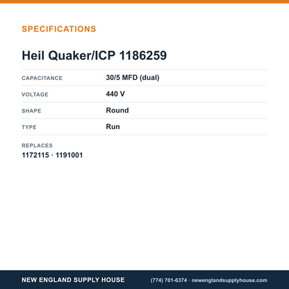 Heil Quaker/ICP 1186259 Run Capacitor specifications — New England Supply House [NESH-SPECTABLE-V1]