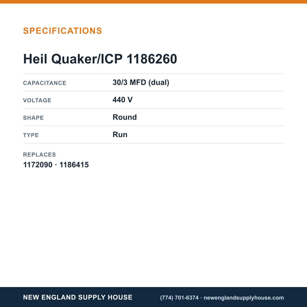Heil Quaker/ICP 1186260 Capacitor specifications — New England Supply House [NESH-SPECTABLE-V1]