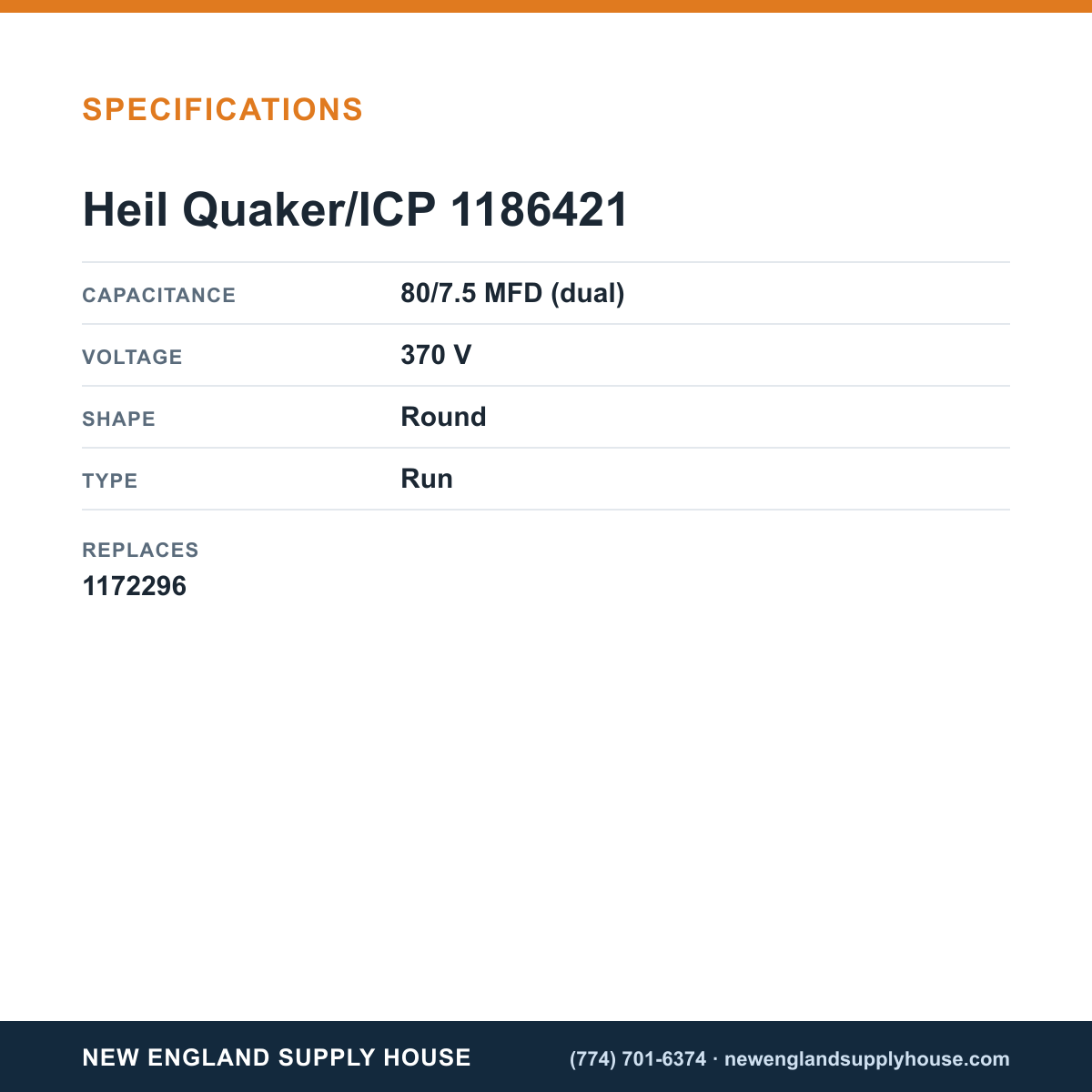 Heil Quaker/ICP 1186421 Run Capacitor specifications — New England Supply House [NESH-SPECTABLE-V1]