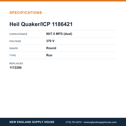 Heil Quaker/ICP 1186421 Run Capacitor specifications — New England Supply House [NESH-SPECTABLE-V1]