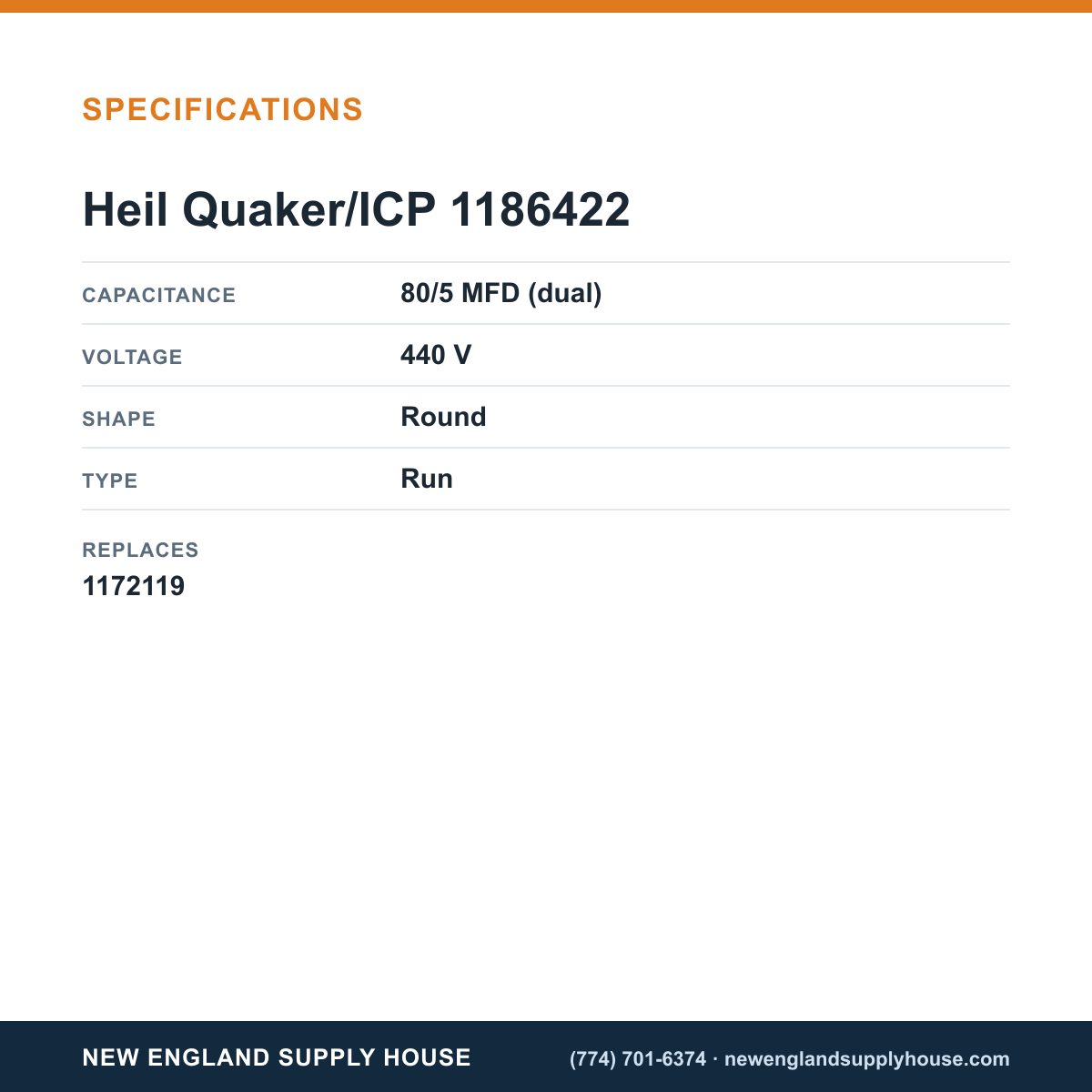 Heil Quaker/ICP 1186422 Capacitor specifications — New England Supply House [NESH-SPECTABLE-V1]